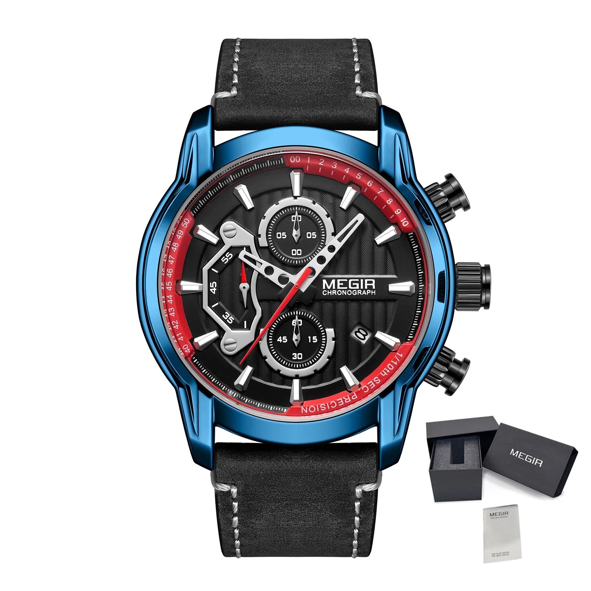 MEGIR Men's Watches Waterproof Luminous Sports Wristwatch Fashion Leather Strap Quartz Chronograph Clock Date Gift for Man 2104-12