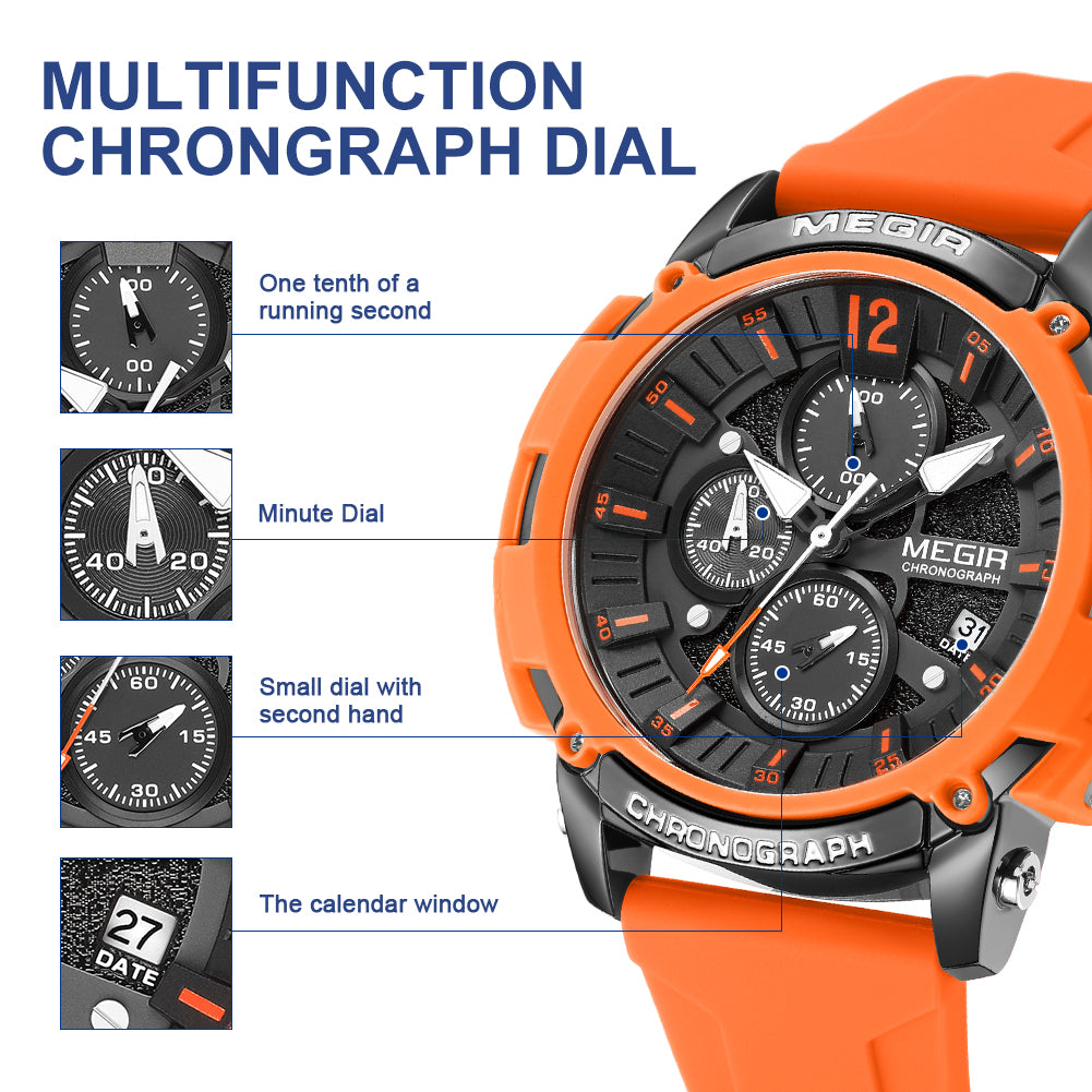 MEGIR Fashion Military Watch for Men Silicone Strap Sport Quartz Chronograph Waterproof Male Clock Wristwatch Reloj Hombre 2208-7