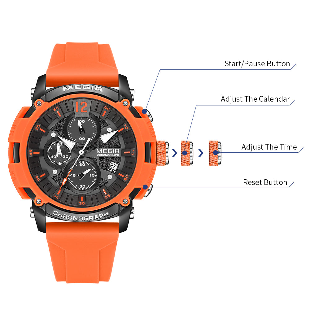 MEGIR Fashion Military Watch for Men Silicone Strap Sport Quartz Chronograph Waterproof Male Clock Wristwatch Reloj Hombre 2208-8