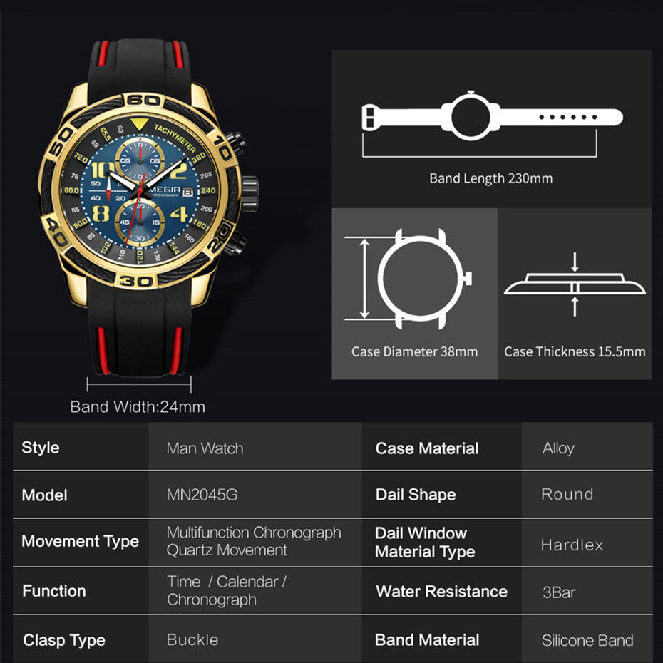 MEGIR Fashion Sports Watches for Men Luxury Quartz Casual Wristwatch Silicone Strap Man Chronograph Clock Relogio Masculino 2045-8