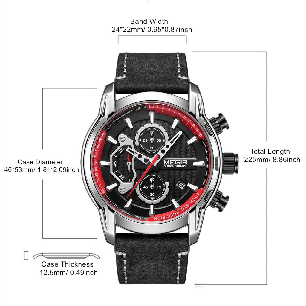 MEGIR Men's Watches Waterproof Luminous Sports Wristwatch Fashion Leather Strap Quartz Chronograph Clock Date Gift for Man 2104-4