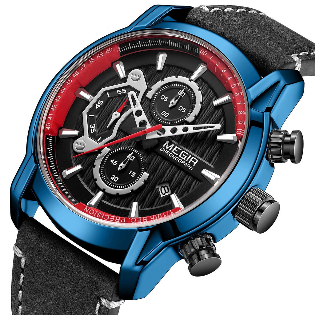 MEGIR Men's Watches Waterproof Luminous Sports Wristwatch Fashion Leather Strap Quartz Chronograph Clock Date Gift for Man 2104-7