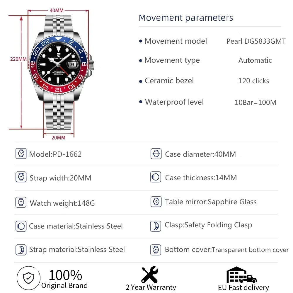 Men's Automatic Mechanical Sapphire Watch (Blue Red)-3