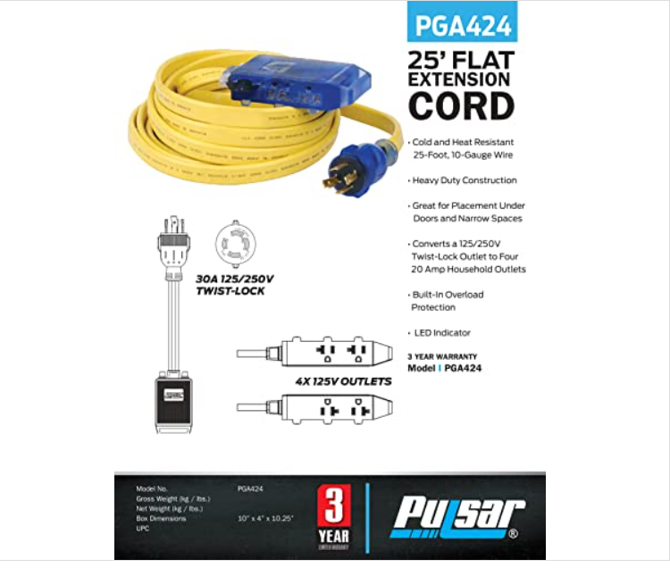 25 ft Generator Extension Cord – NEMA L5-30P to Triple 5-15R Heavy-Duty 30A Flat Power Distribution Cord-3