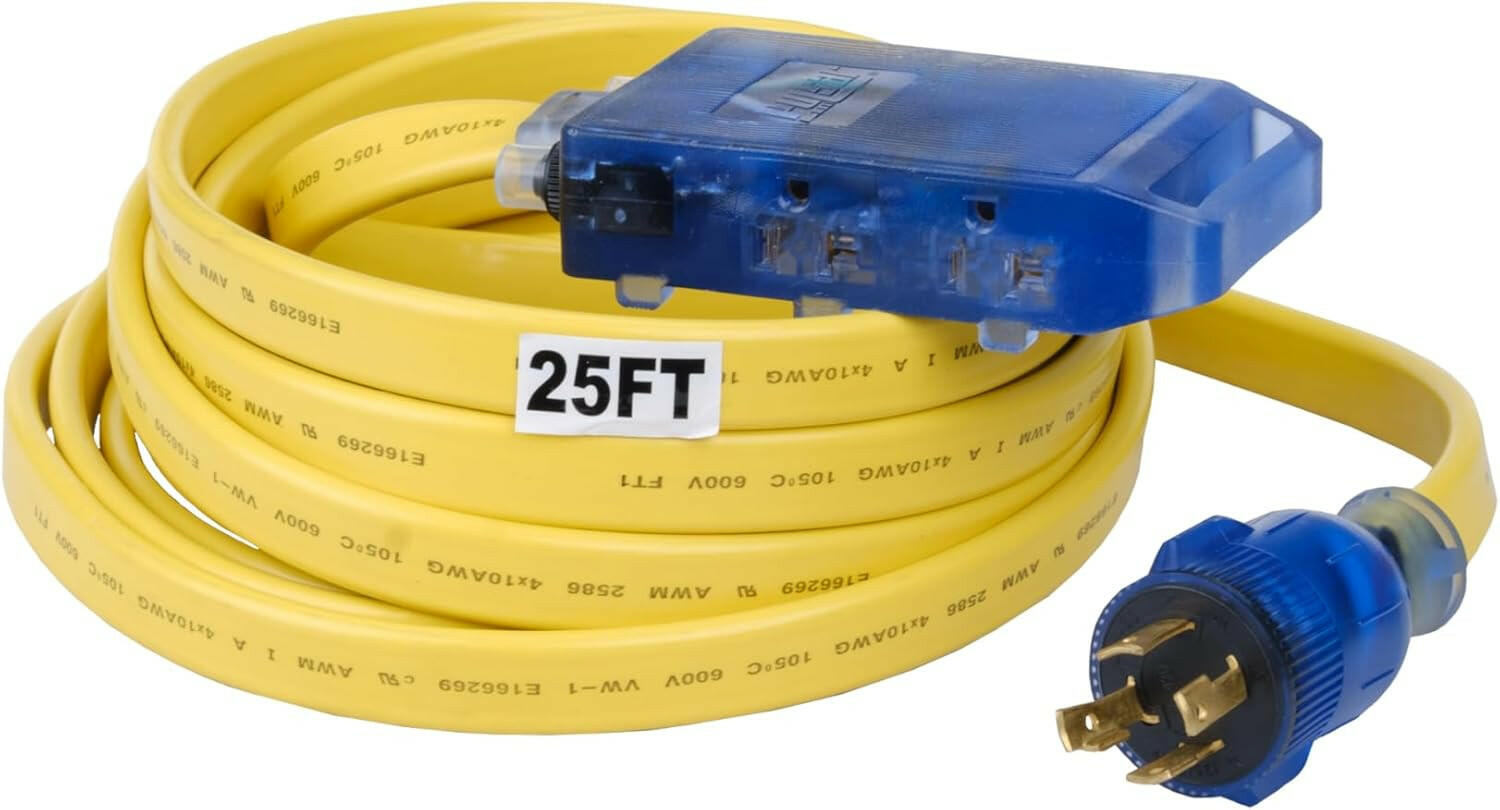 25 ft Generator Extension Cord – NEMA L5-30P to Triple 5-15R Heavy-Duty 30A Flat Power Distribution Cord-2