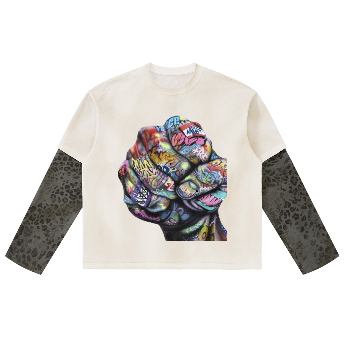 Unisex Vintage Wash Leopard Paneled Layer T-Shirt
