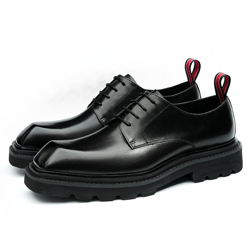 Men’s Calfskin Structured Square Toe Lace Up Derby Shoes with Tabs-4
